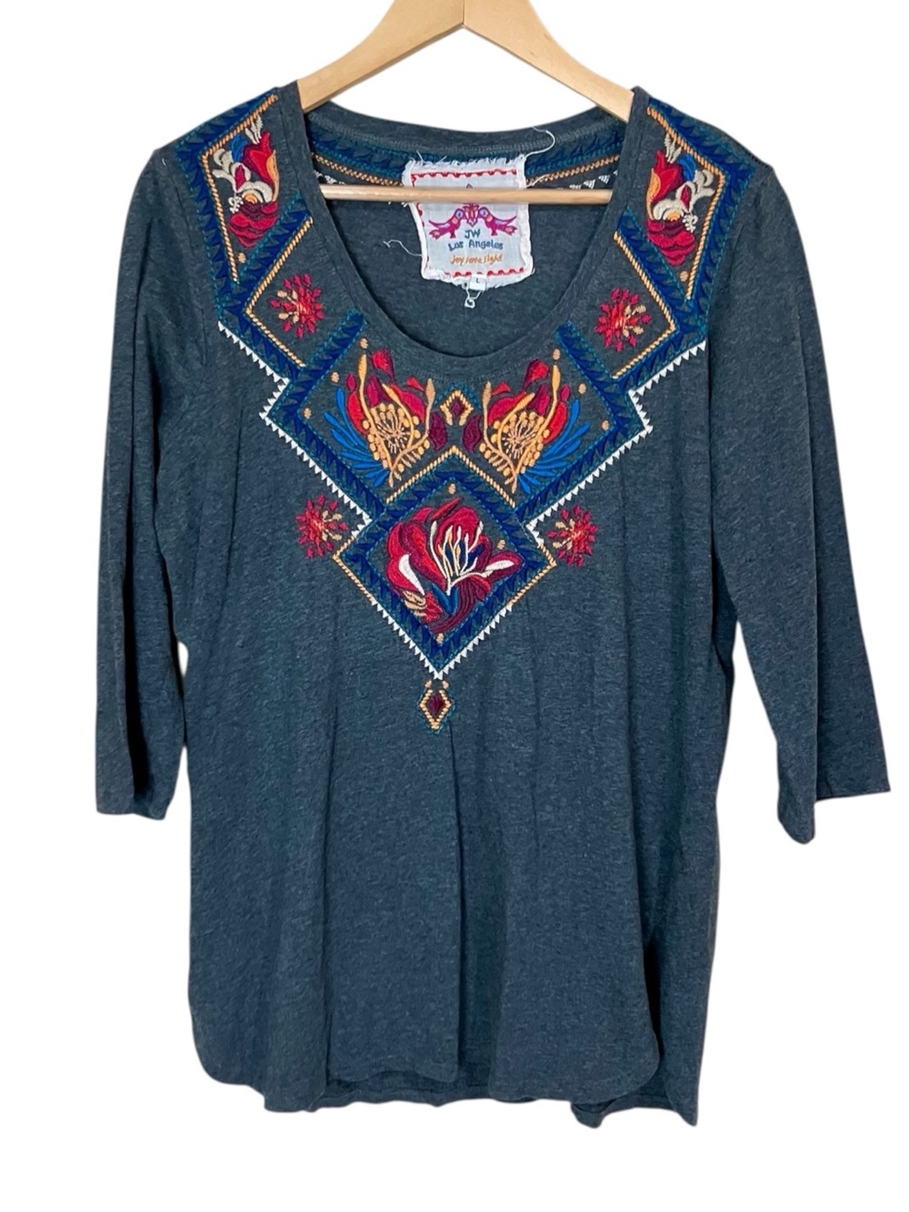 Johnny Was Embroidered 3/4 Sleeve Gray T-shirt Size Large